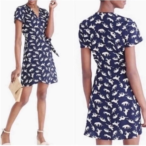 J CREW Navy Cheetah Leopard Cat Animal Novelty Print Wrap Dress Size 8 - Picture 2 of 8